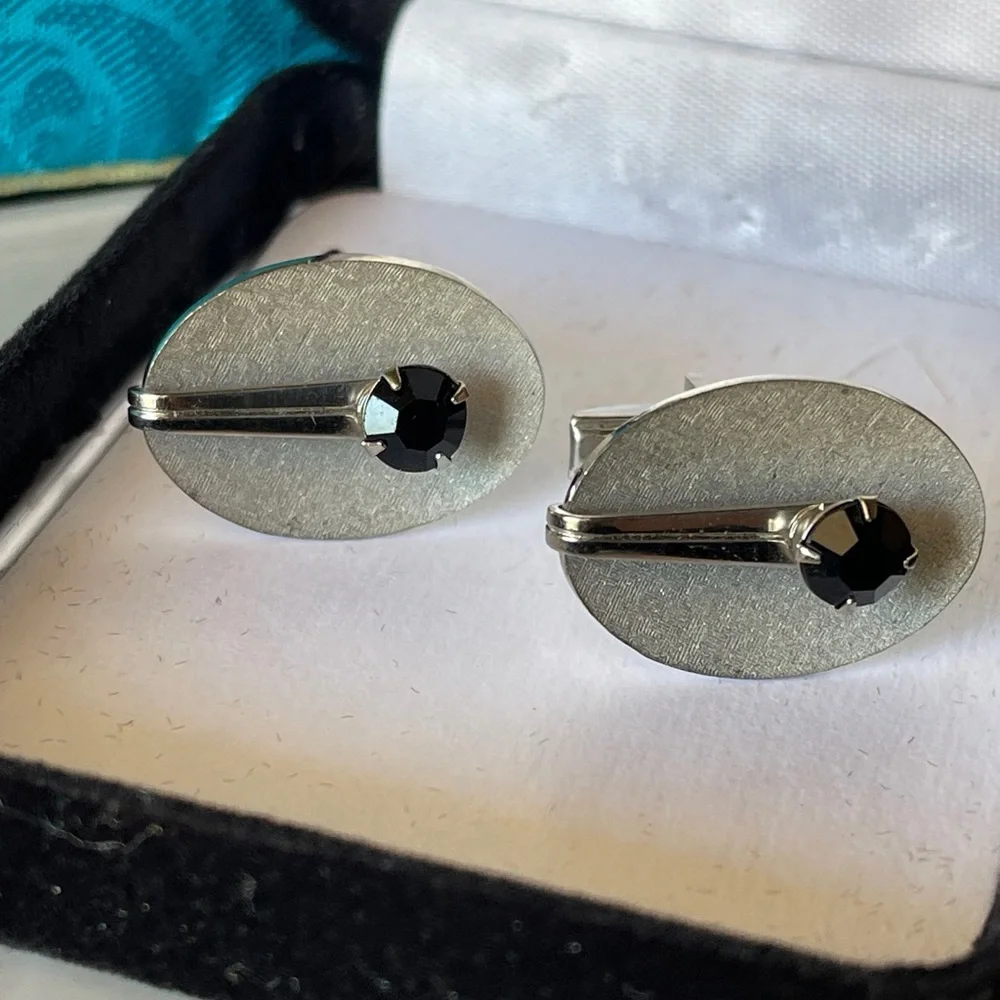 Silver Oval Cufflinks with Black Stone Accent